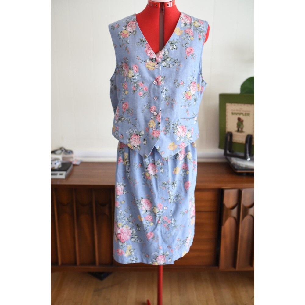 Vtg Alfred Dunner Button Front A-Line Skirt + Vest Blue Floral Cottage READ